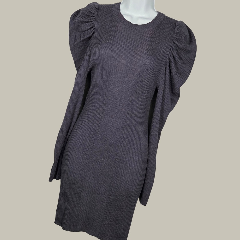 L'Academie Women XXS Ribbed Puff Shoulder Knit Mini Dress Dark Navy Blue